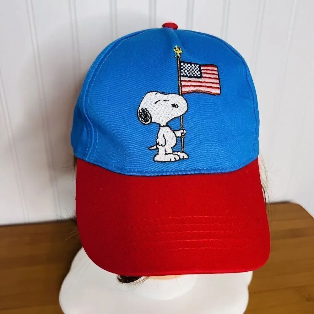 Snoopy Peanuts Woodstock Hat Cap Snap Back Blue Red NWOT Dad USA Flag OSFM